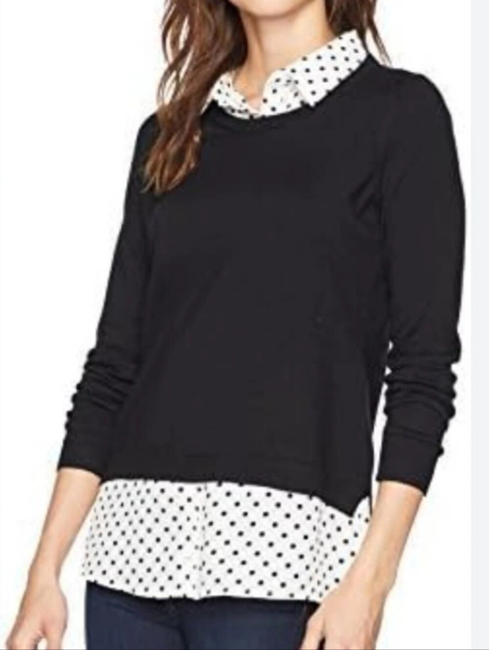 Adrianna Papell Black Layered Twofer Sweater Polka Dot Collar Hem